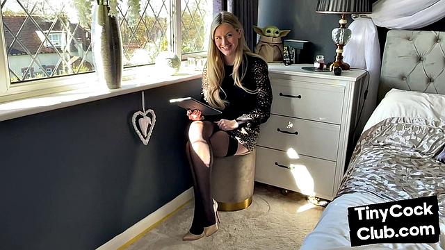 Tiny cock gets laughs by mean brit slut in stockings