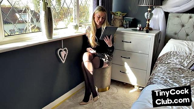 Tiny cock gets laughs by mean brit slut in stockings