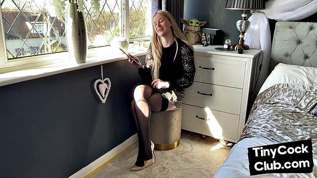 Tiny cock gets laughs by mean brit slut in stockings