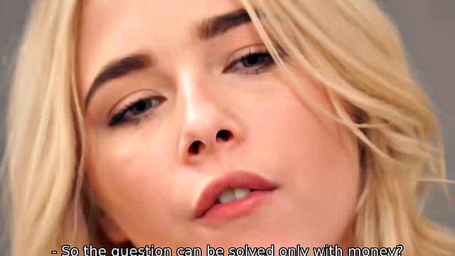 Naughty blonde teen in pantyhose gets her small tits and lips pleasured by debt collector