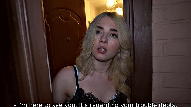 Naughty blonde teen in pantyhose gets her small tits and lips pleasured by debt collector