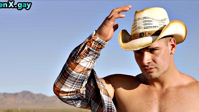 Cowboy barebacks man in leather pants outdoors