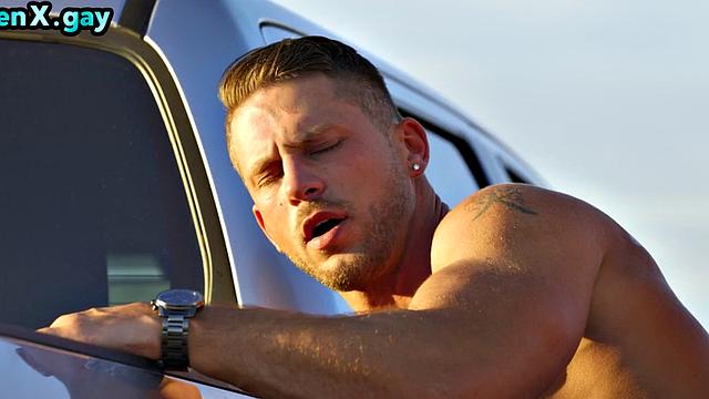 Cowboy barebacks man in leather pants outdoors