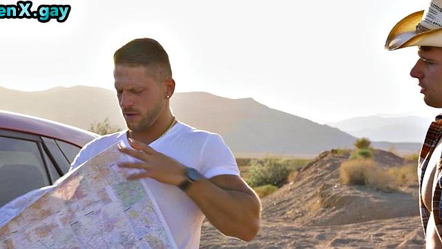 Cowboy barebacks man in leather pants outdoors