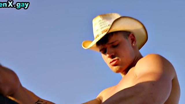 Cowboy barebacks man in leather pants outdoors