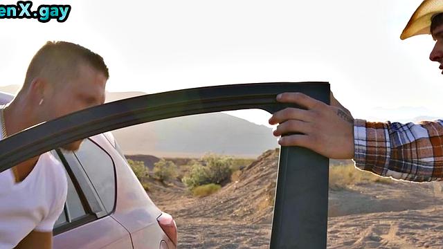 Cowboy barebacks man in leather pants outdoors