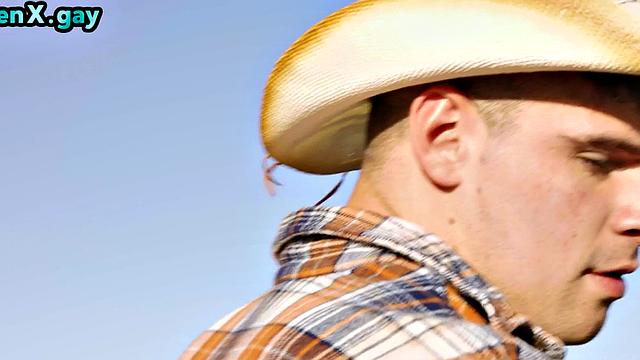 Cowboy barebacks man in leather pants outdoors