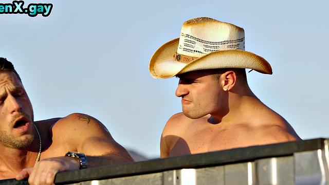 Cowboy barebacks man in leather pants outdoors