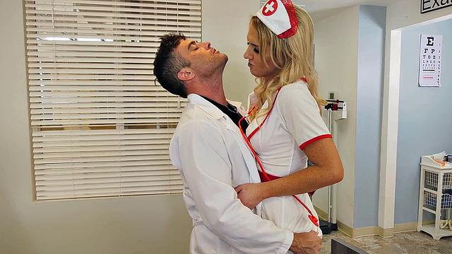 Busty trans nurse rides doctor's dick in hospital