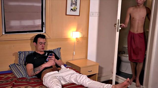 While Francs is Showering, Sly Beats off Watching Porn on His Phone. Francis Joins In.