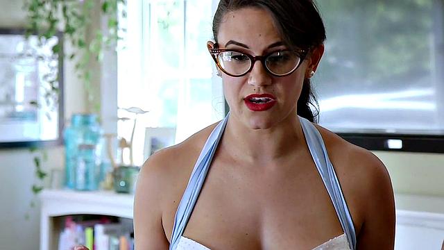 Brunette with glasses gets her tight pussy drilled from behind in the kitchen