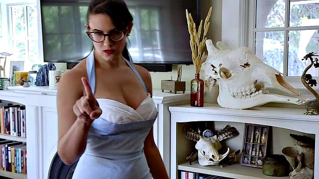 Brunette with glasses gets her tight pussy drilled from behind in the kitchen