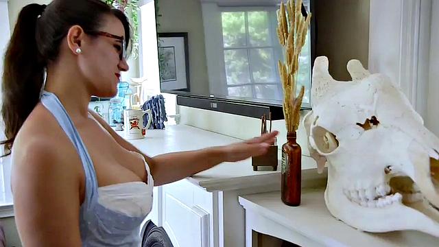 Brunette with glasses gets her tight pussy drilled from behind in the kitchen