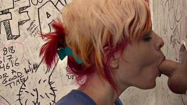 Busty trans sucked through gloryhole before fucking pussy