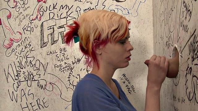 Busty trans sucked through gloryhole before fucking pussy