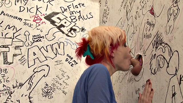 Busty trans sucked through gloryhole before fucking pussy