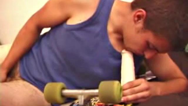 Mica just got in from skating and needs to burn off some more energy, so he kicks back and starts watching a video. Naughty boys like their sex toys, so Mica grabs a few from his collection and goes to work on his rear.