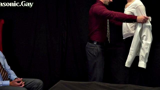 Suited gaydaddies fuck asshole of oiled twink