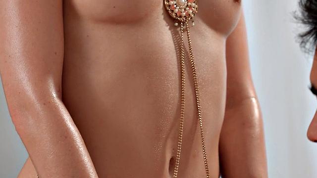 Oiled masseuse enjoy erotic sex with client after 69 BJ