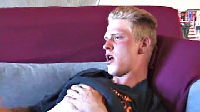 Freckled face Brandon invites us to watch him beat off. The pants strip off and an anal toy goes in while he keeps stroking along through it all.