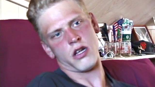 Freckled face Brandon invites us to watch him beat off. The pants strip off and an anal toy goes in while he keeps stroking along through it all.