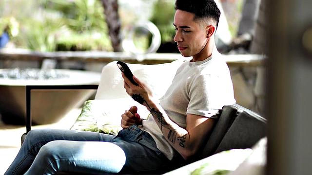 Athletic stud bareback banged by inked BF outdoors on terrace