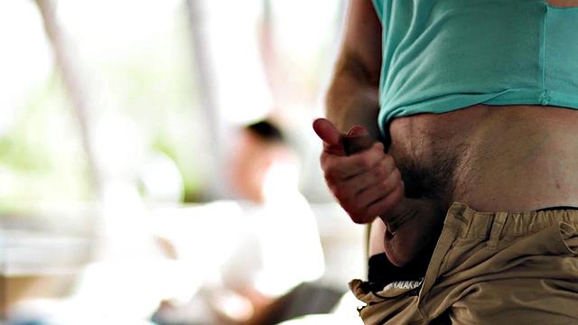 Athletic stud bareback banged by inked BF outdoors on terrace