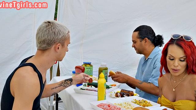 Redhead Trans rimmed and fucked by stud in kitchen