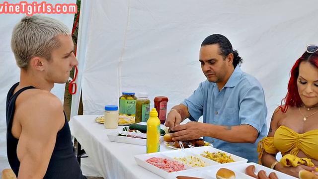 Redhead Trans rimmed and fucked by stud in kitchen