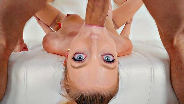 Stunning cocksucking babe in stockings gagging on cock