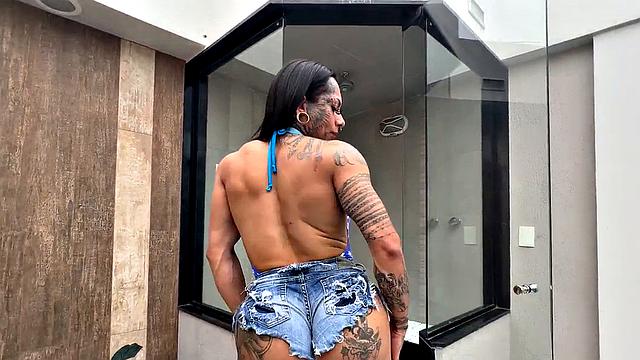 Tattooed trans drilled by big dick in anal hole