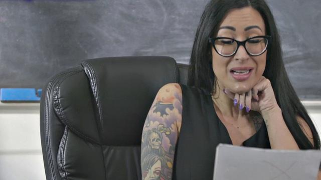 Greedy busty inked MILF fucked by student in classroom