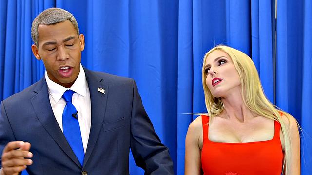 Blonde with black hair takes on a wild interracial fucking and handjob session with piercing and anal action