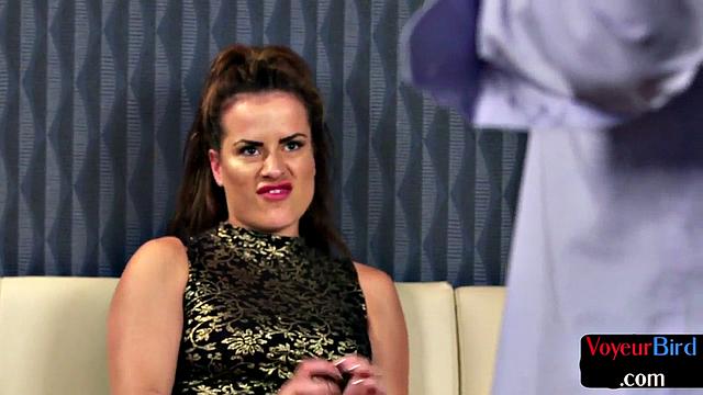 Glamorous british voyeur in stockings watching wanker tug