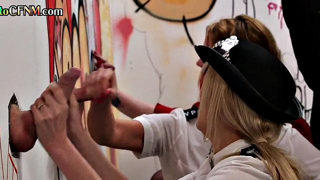 Gloryhole police femdoms in orgy with curious voyeurs
