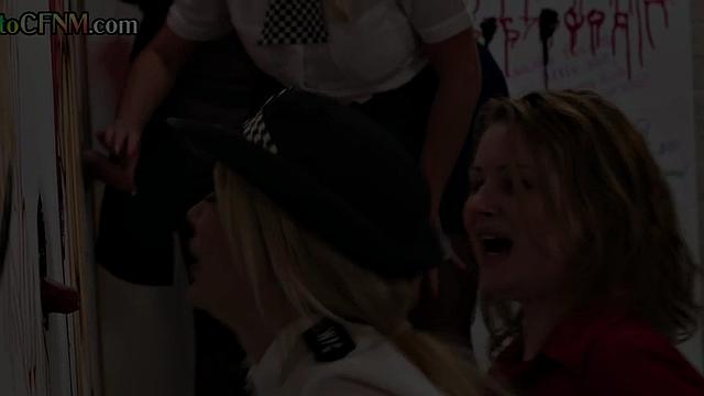 Gloryhole police femdoms in orgy with curious voyeurs