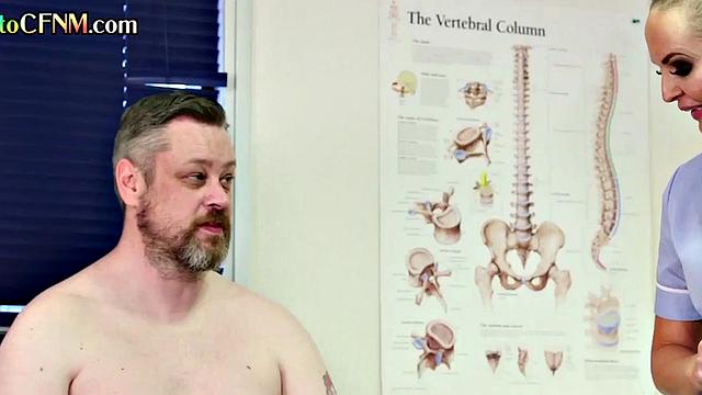 Handjob CFNM nurses jerk small cock in femdom action