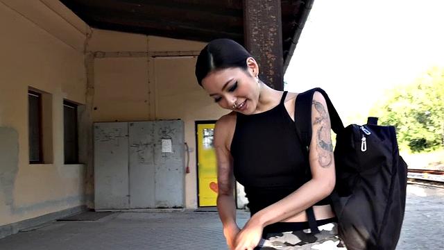 Asian babe with tattoos gets picked up and paid for fucking in public