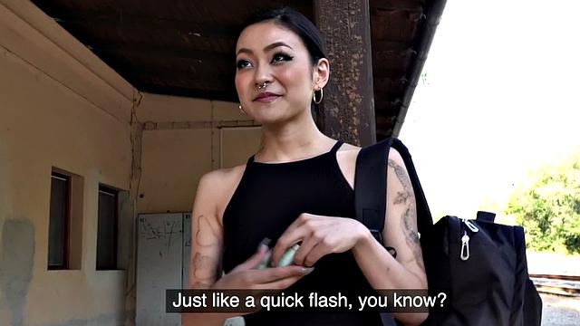 Tattooed Asian babe pickedup and paid for sex from behind