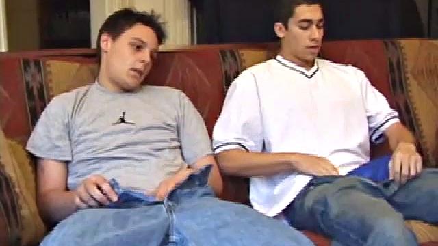 Gunner and Levi work up hardons, then strip naked and get down to business. These horny guys exchange blowjobs until they both blow big messy cum loads.