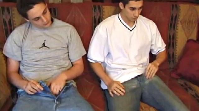 Gunner and Levi work up hardons, then strip naked and get down to business. These horny guys exchange blowjobs until they both blow big messy cum loads.