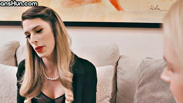 Trans beauty fucks big-titted female in wet pussy.