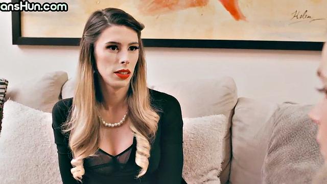 Trans beauty fucks big-titted female in wet pussy.