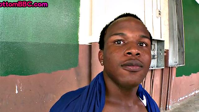 Ebony stud with oiled ass picked up and fucked outdoors