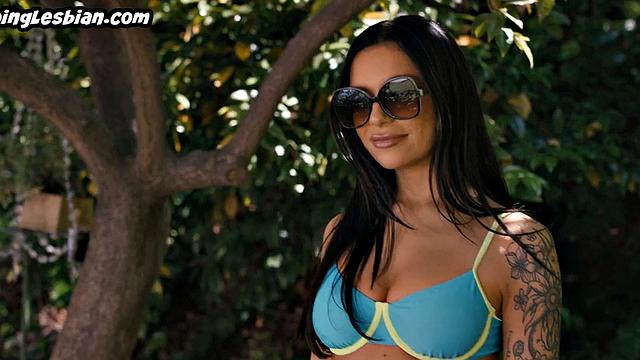 Tribbing babe licks Asian pussy outdoor by pool