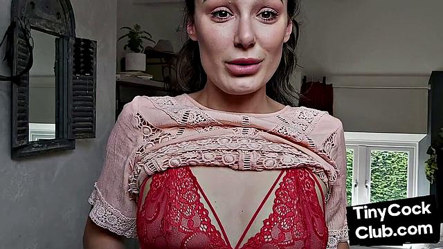 Stunning babe reacts to small dude