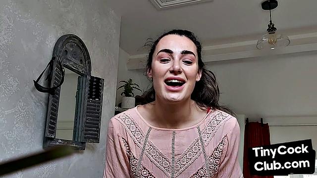 Stunning babe reacts to small dude