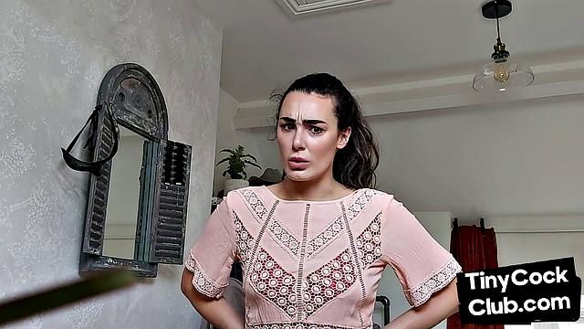 Stunning babe reacts to small dude