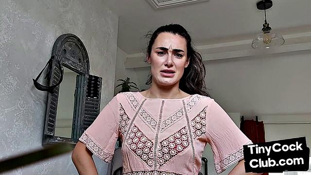 Stunning babe reacts to small dude