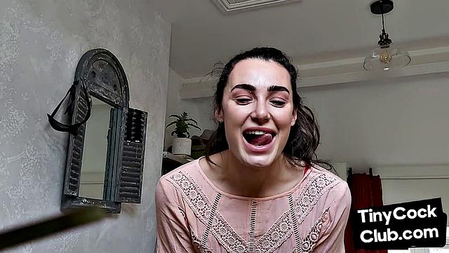 Stunning babe reacts to small dude